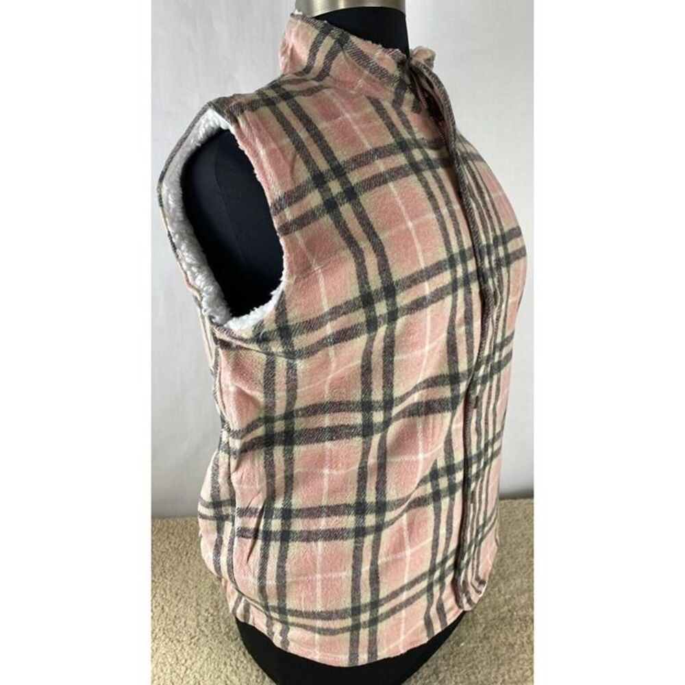 Womens Sz XXL Pink Plaid Fleece Faux Sherpa Lined Full Zip Vest